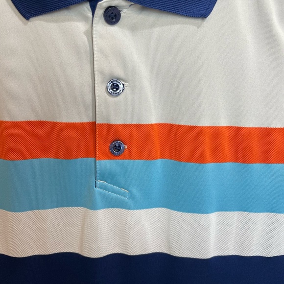 Oakley Polo Shirt Spellout Blue Orange Stripe Short Sleeve Golf Mens Small - Picture 7 of 11